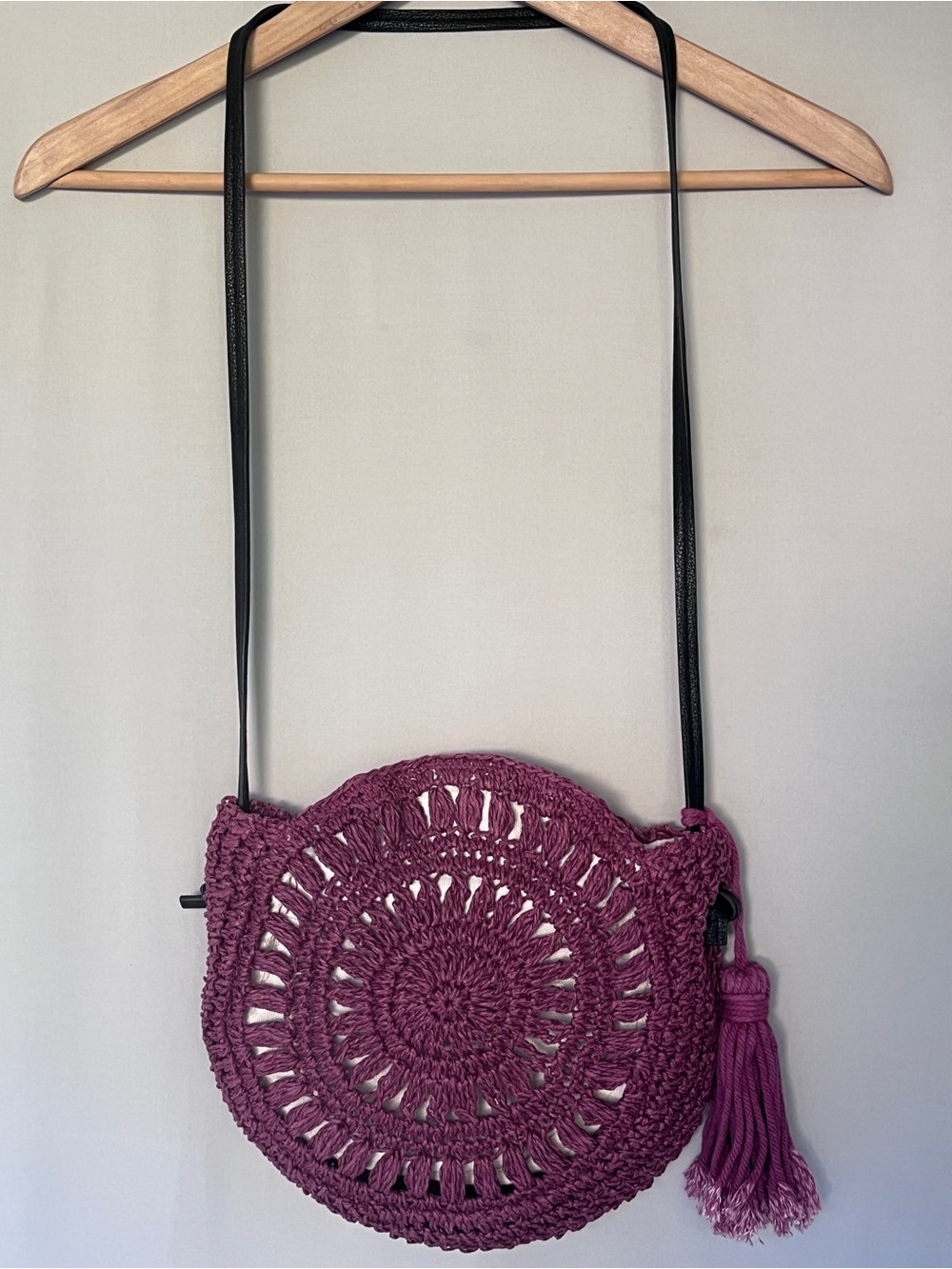 Japanese Brand Niko and… Plum Crochet Rattan Crossbody Bag Tassel Boho Festival
